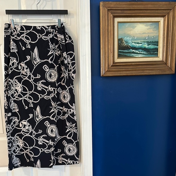 Women’s Talbots Talbots Navy & White Nautical Print Rope Tie Waist Wrap Skirt - Picture 1 of 6